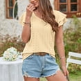 thumbnail image 3 of Camiseta de mujer con mangas cortas con volantes, doble capa, cuello en V, agujeros calados, Top informal de verano, 3 of 6