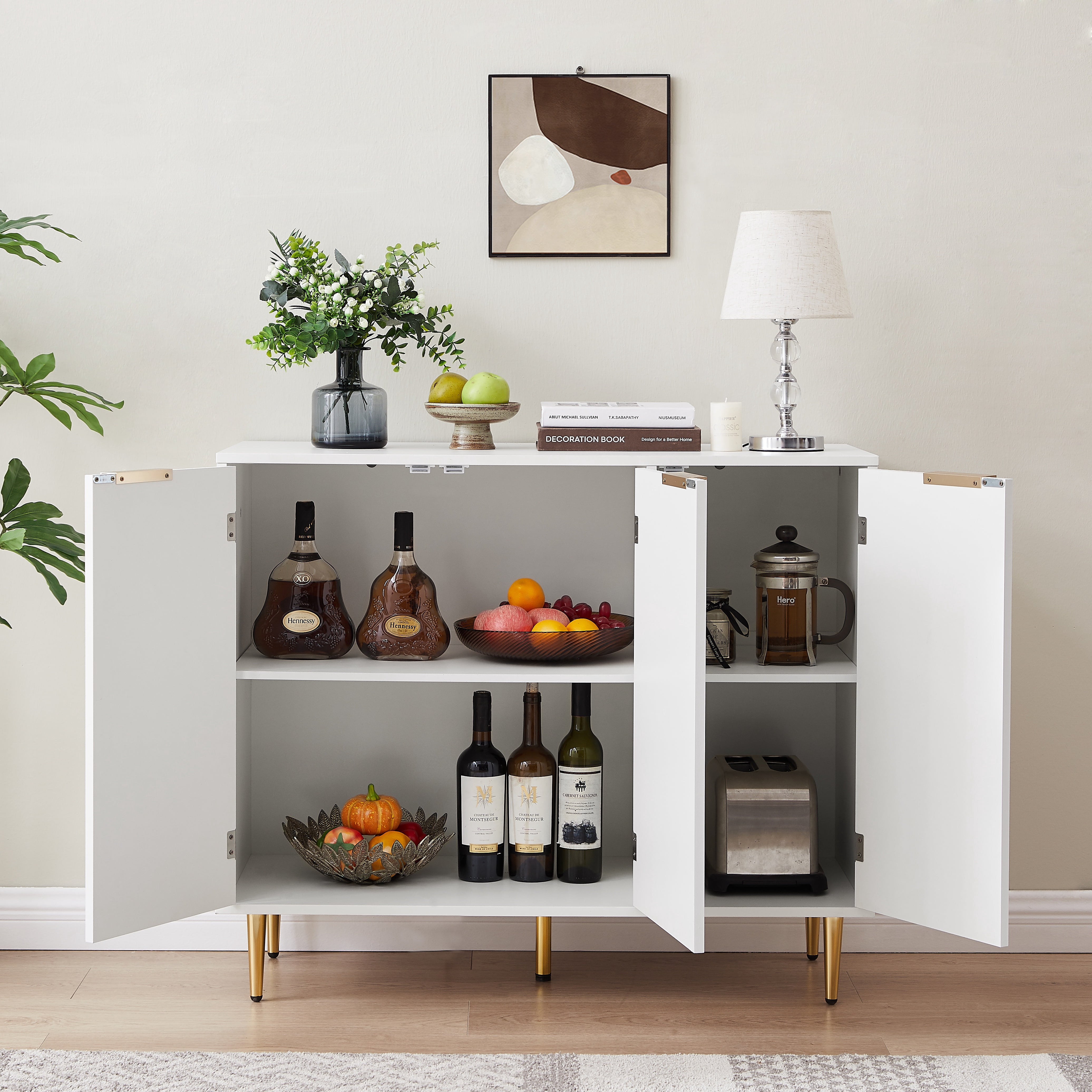 PORKISS Storage Cabinet, Wooden Sideboard Cabinet with 3 Doors, Modern Buffet Cabinet with 6 Compartments, Freestanding Small Storage Cabinet for Living Room, Dining Room, Bedrooom, and Hall, White