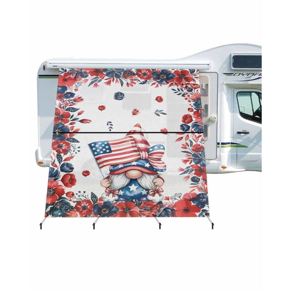4th of July RV Awning Sun Shade Screen 9'X7' Patriotic Gnome Mesh Sunscreen American Flag Poppy Flower Awning Shade Screen with Zipper UV Blocker Completed Kits for RV Motorhome Camper