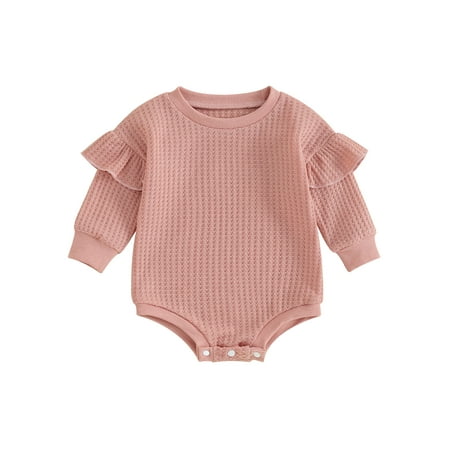 

Infant Baby Girls Romper Ruffle Long Sleeve Round Neck Solid Color Textured Bodysuit