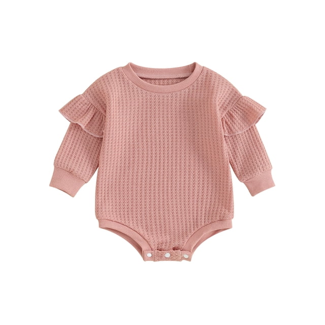 EYIIYE Infant Baby Girl Long Sleeve Romper Newborn Ruffle Round Neck Jumpsuit Solid Color Textured Bodysuit Loose Casual Daily Clothes
