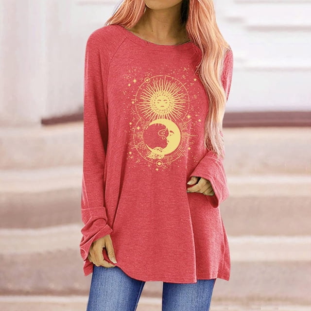 Tunique pour Femme Grande Taille à Manches Longues T-shirts à Col Rond T-Shirt Graphique d'Été Blouse