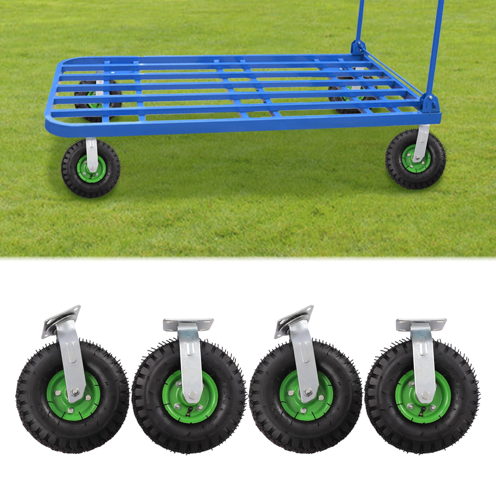 10" Pneumatic Caster Wheels Set of 4-2 Swivel/2 Rigid - Black Rubber Caster Wheels Outdoor