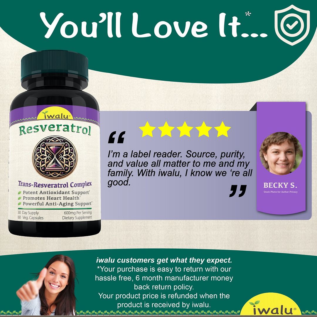iwalu Resveratrol Complex | Support for Heart Health & Energy | Super Antioxidant Trans-Resveratrol - 60 Veg Capsules | USA Made | NSF Certified Dietary Supplement