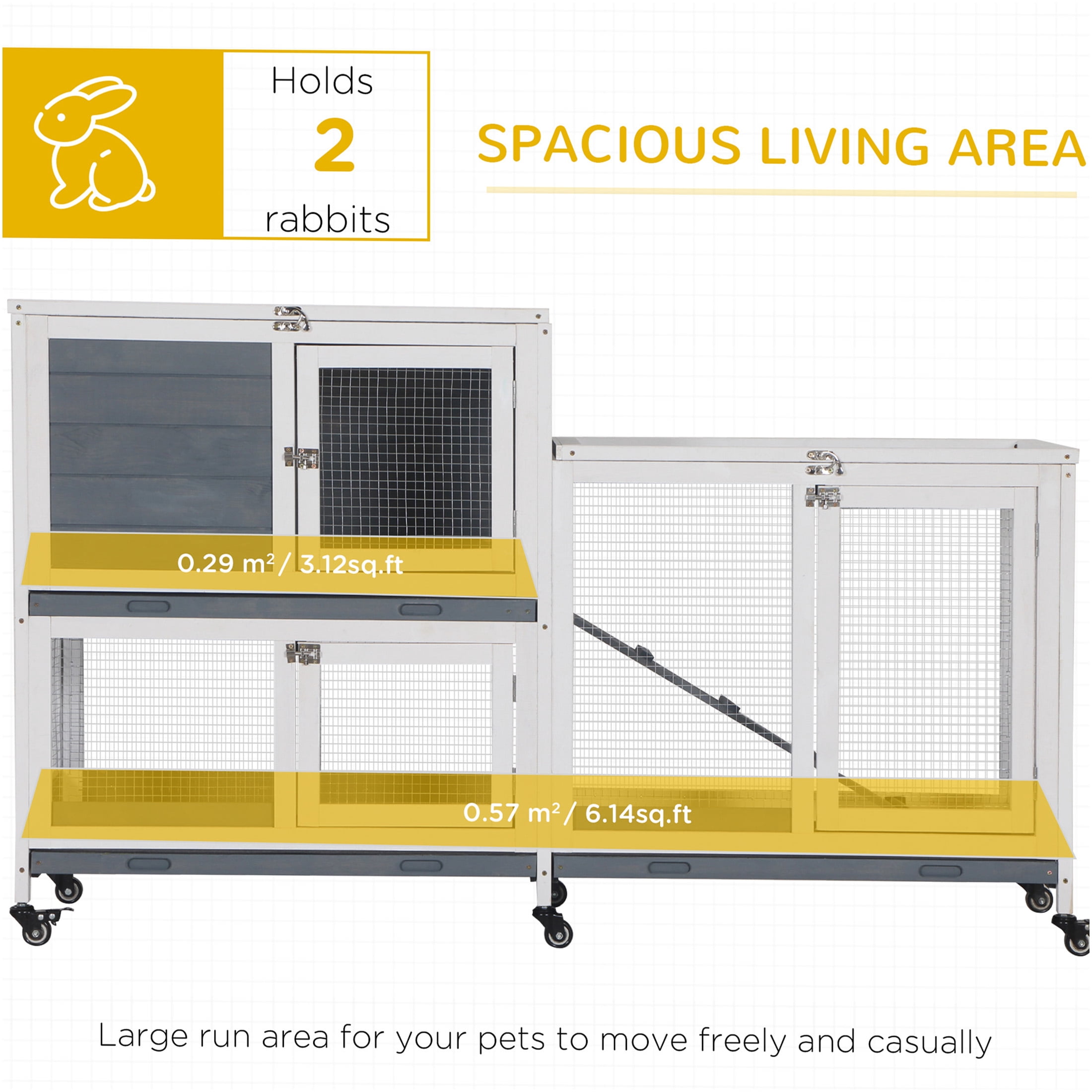 JERFIT 2-Tier Wooden Rabbit Hutch with Wheels, Spacious Indoor Bunny Cage House with Leak-Proof Tray & Ramp for Guinea Pigs, Small Animals, Grey