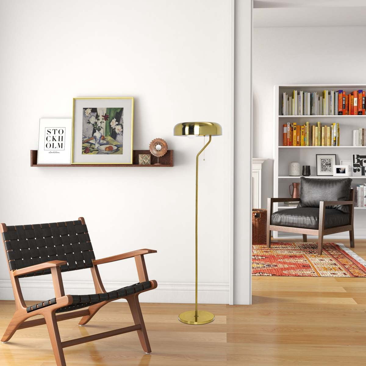Tall Corner Floor Lamp – Gold Outer & White Inner Shade Pull Chain Switch for Living Room Bedroom & Office (110~120V)