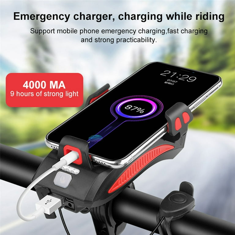 Bike Lights for Night Riding 4 in 1 Bike Headlight with Phone Holder 4000 mAh Power Bank Bike Alarm 3LED Super Bright Bike Light Waterproof Front