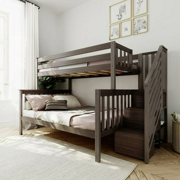 Max & Lily Twin Over Full Bunk Bed Frame For Kids Bedroom Furniture with Staircase, Clay