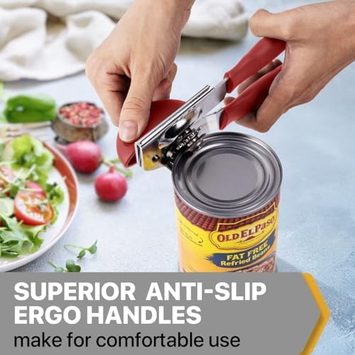 Can Opener Manual Heavy Duty,  Hand Held Can Openers for Seniors with Comfort Grip Sharp Blade, Solid Steel Hand Manual Can Open with Magnet for Kitchen Camping, Red