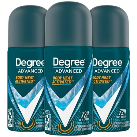Degree Men’s Travel Deodorant Antiperspirant 3-Pack – 72H Advanced Protection Dry Spray, Cool Rush Scent, 1 Oz Ea