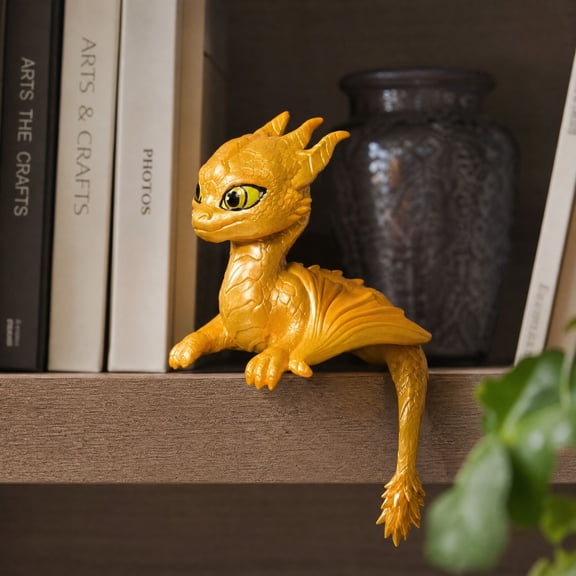 Golden Fantasy Baby Dragon Shoulder‑Sitter Figurine, Cute Mythical Creature Statue, Silicone Dragon Cosplay Prop for Bookshelf, Tabletop & Home Decoration