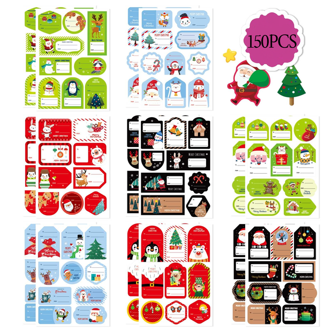 WJCA 150PCS Assorted Christmas Gift Tags - Self-Adhesive Festive Stickers with Various Cute Designs for Personalized Presents, Holiday Wrapping & Christmas Decorations