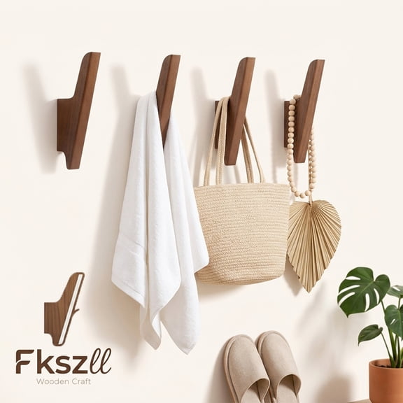 Fkszll 4 Pack Wood Coat Hook Wall Mount Wooden Hook for Hanging Hat Bag Backpack Wall Wood Towel Hanger for Bathroom Entryway