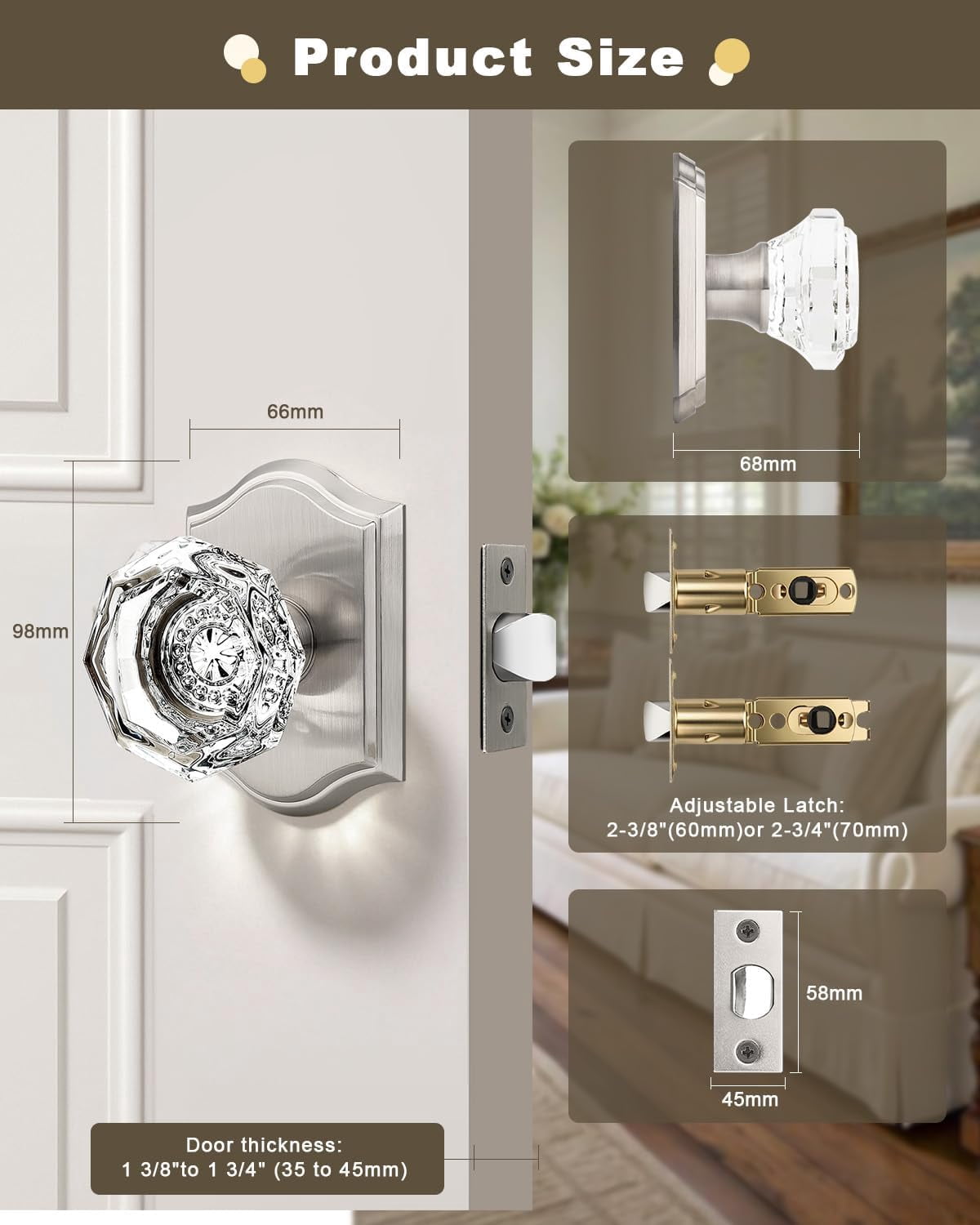 --2 Pack Clear Crystal Door Knobs,Diamond Glass Passage Door Handle Knob for Closet Hallway,Antique Keyless Interior Door Locks with Satin Nickel Rosette