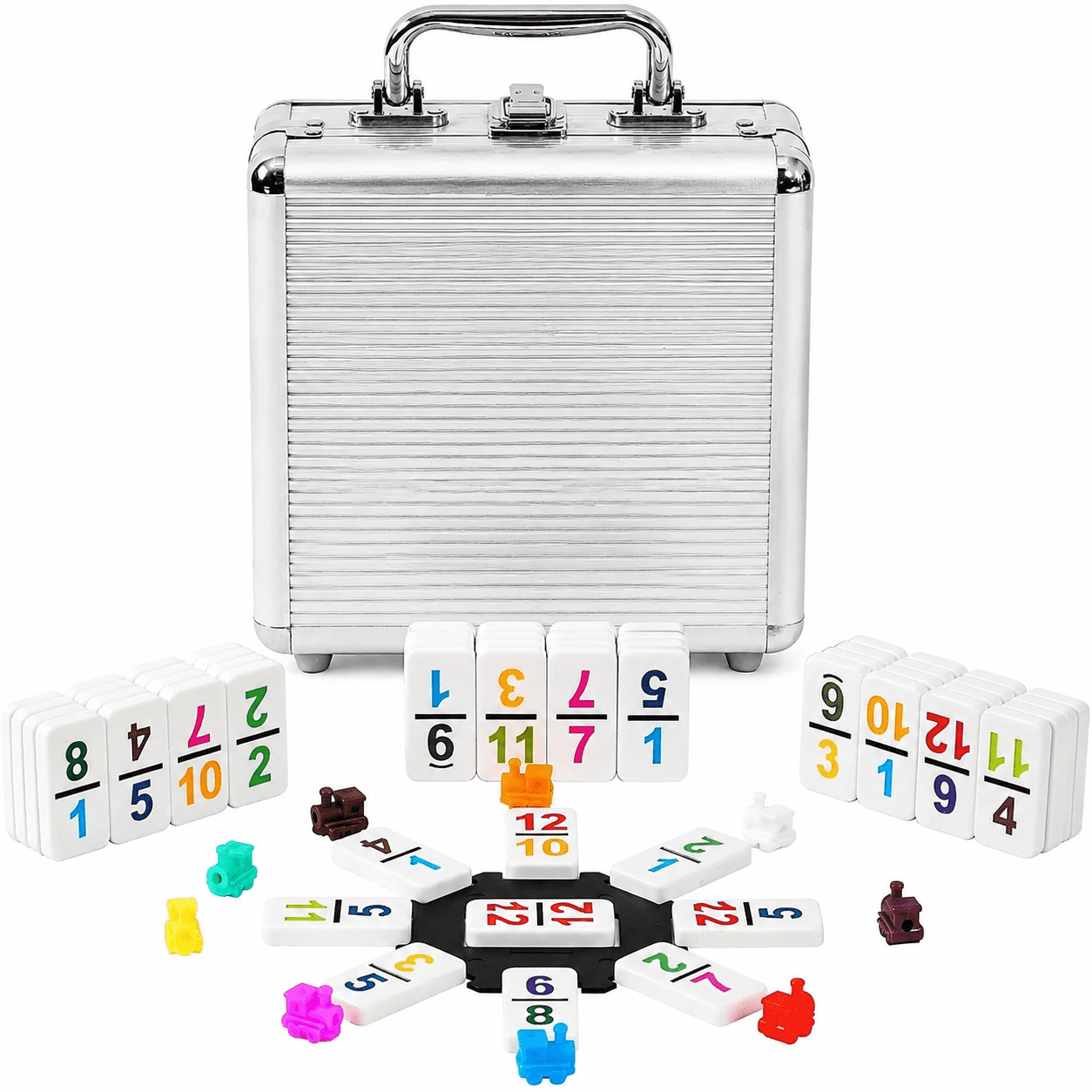 VIDITA Mexican Train Dominoes Game Set, Double 15 Colored Dot Dominoes, 136 Pieces with Aluminum Carrying Case, Classic Family Board Game