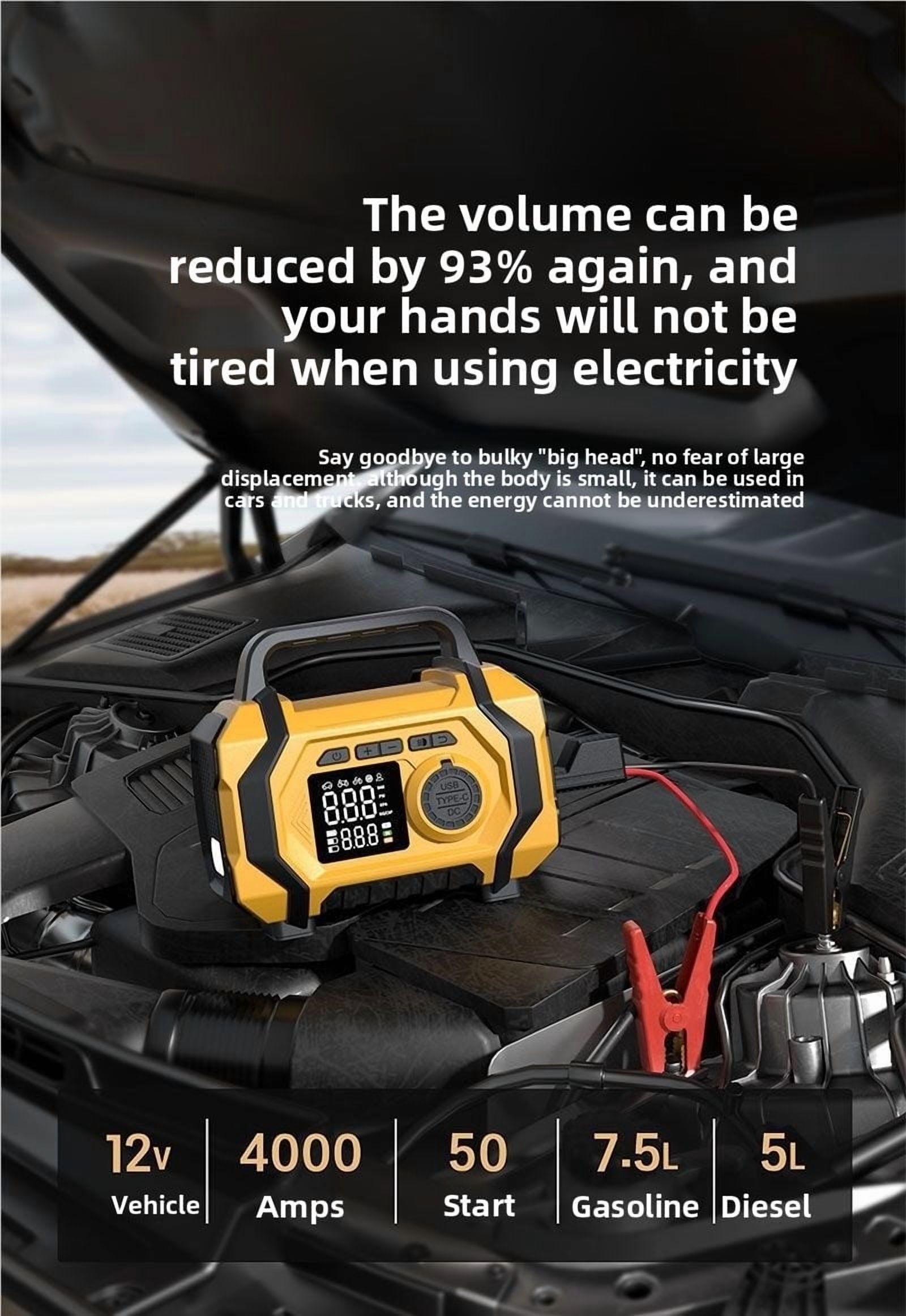 8000mAh Car Battery Charger Jump Starter with Digital Air Compressor for 12V Vehicles Portable Power Bank USB C Fast Charging LED Flashlight