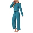 thumbnail image 4 of INSPIRE CHIC Women's Pajama Sets Long Sleeve Crewneck Elastic Waistband Lounge Sets with Pockets L Blue, 4 of 6