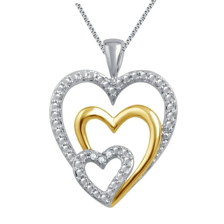 Gold Triple Heart - Elegant 0.03 Carat Two Tone Triple Heart Diamond Necklace In 14K White Gold Plated