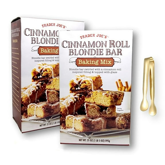 Cinnamon Roll Blondie Bar Baking Mix 21 Oz. X 2 with Bonus Mini Gold Stainless Steel Tongs (3-Pc Set)