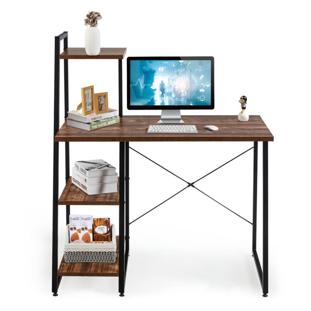 GVN Compact Computer Desk Workstation with 4 Tier Shelves for Home and Office-Brown, Desk for Bedroom, Gaming Computer Desks for Study,Working,Writing GVN Compact Computer Desk Workstation with 4 Tier Shelves for Home and Office-Brown, Desk for Bedroom, Gaming Computer Desks for Study,Working,Writing