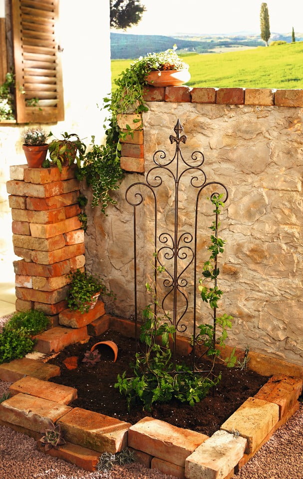 14 in. by 46 in. Decorative Metal Trellis Garden Stake with Scroll Accent by Kozy Life