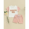 thumbnail image 2 of FEORJGP Toddler Girl Summer Shorts Set 3M 6M 1T 2T 3T Infant Baby Short Sleeve T-Shirt Round Neck Shirt Letter Embroidery Tops with Drawstring Shorts 2Pcs Loose Casual Outfit, 2 of 9