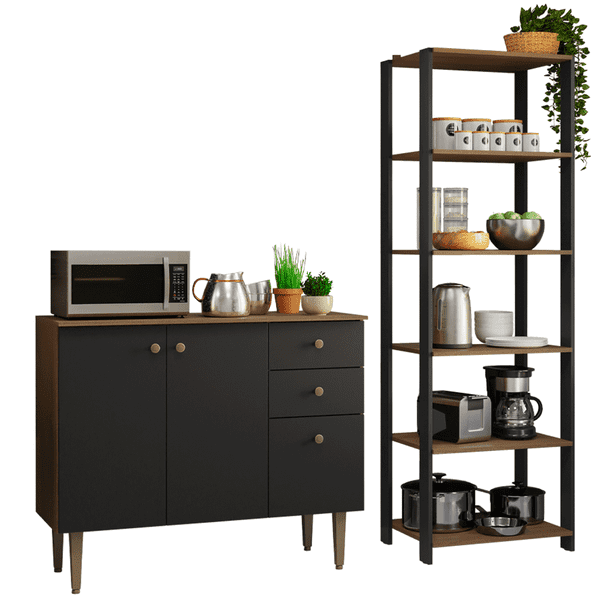 Kit Gabinete Bajo Bufetera y Despensero de Cocina Madesa Marrón/Negro