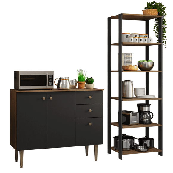 Kit Gabinete Bajo Bufetera y Despensero de Cocina Madesa Marrón/Negro