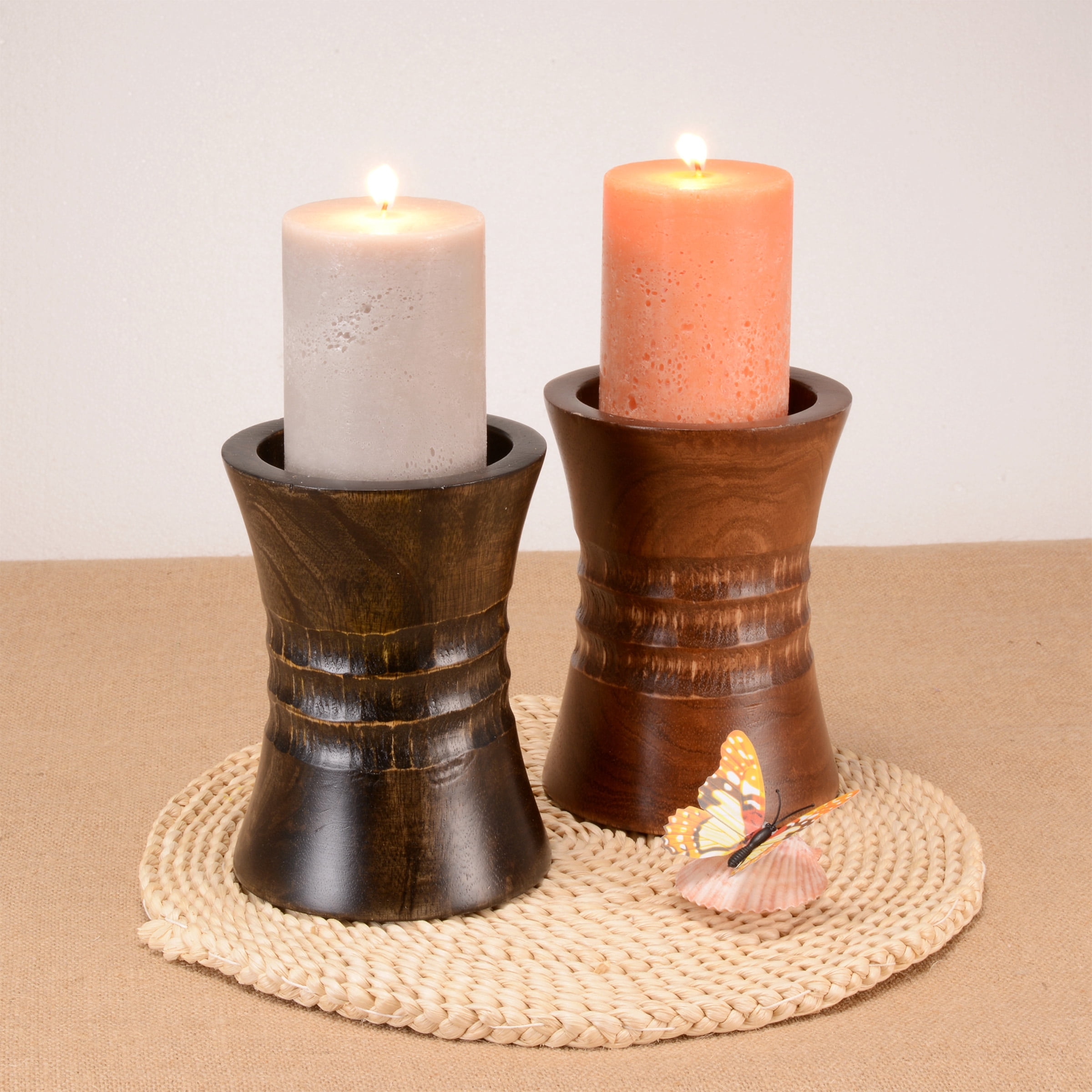 Villacera Handmade 6" Tall Mango Wood Decorative Brown Pillar Candle Holder | Rustic Hand Carve Design | Eco-Friendly and Sustainable Wood
