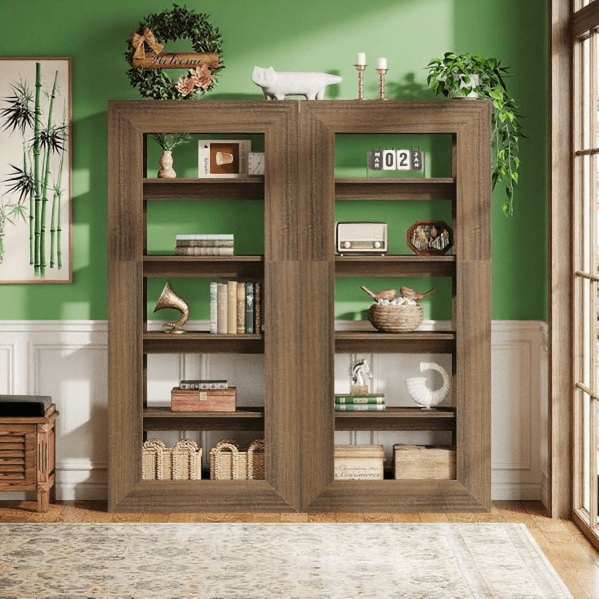5-Tier All-Wood Bookshelf - Dark Brown Farmhouse Style, Thickened Base, for Living Room/Office/Reading Nook
