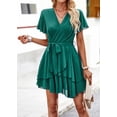 thumbnail image 6 of Krumba Women V-Neck Ruffle Dress: Short Sleeve Tie Waist Pleated Mini - Casual for Wedding Guest Beach Summer Party Trip Green Size M, 6 of 6