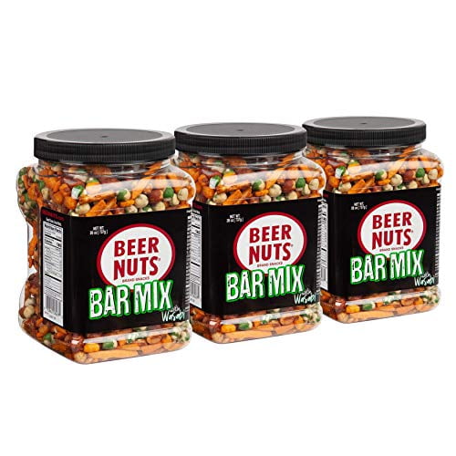 BEER NUTS Bar Mix with Wasabi - 26 oz Resealable Jar (Pack of 3), Original Peanuts, Wasabi Peas, Hot & Spicy Sesame Sticks, Pretzel Niblets