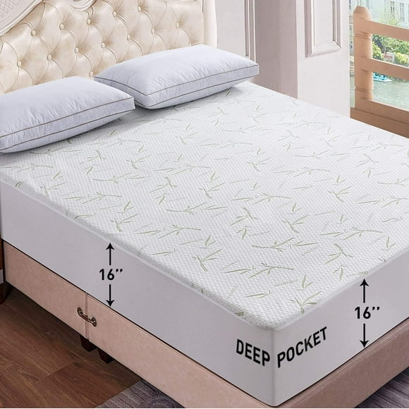 Bamboo Protège-Matelas Grand Size - Imperméable à l'Eau Respirant Matelas Housse-Hypoallergénique - Housse Équipée avec Tissu de Refroidissement - Coussin Matelas Pad 16 Pouces de Profondeur Poche