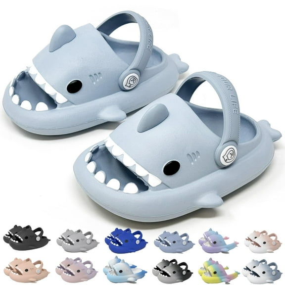 allgala Shark Slides Slippers with Backstrap Non-Slip Novelty Open Toe Sandals for Boys Girl Indoor Outdoor Comfy Cushioned Thick Sole Cute Cartoon Shower Slippers Beach Pool Shoes- Light Blue