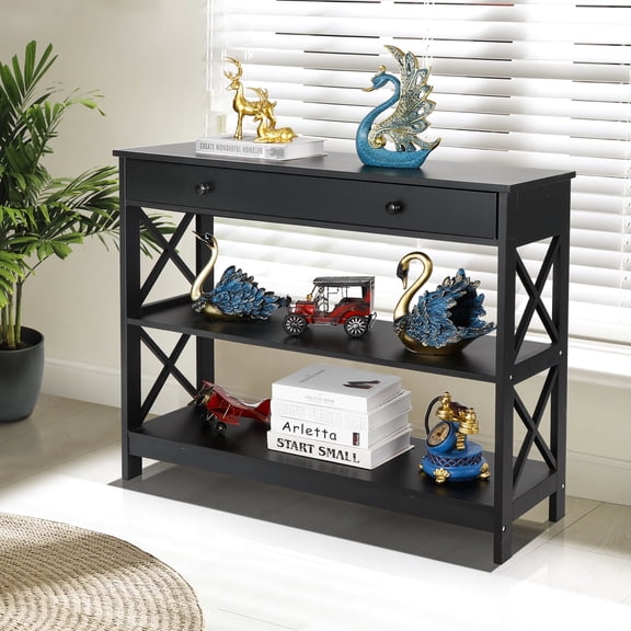 ZENY 3-Tier Entryway Console Table with Drawer Wooden X-Design Sofa Table Black