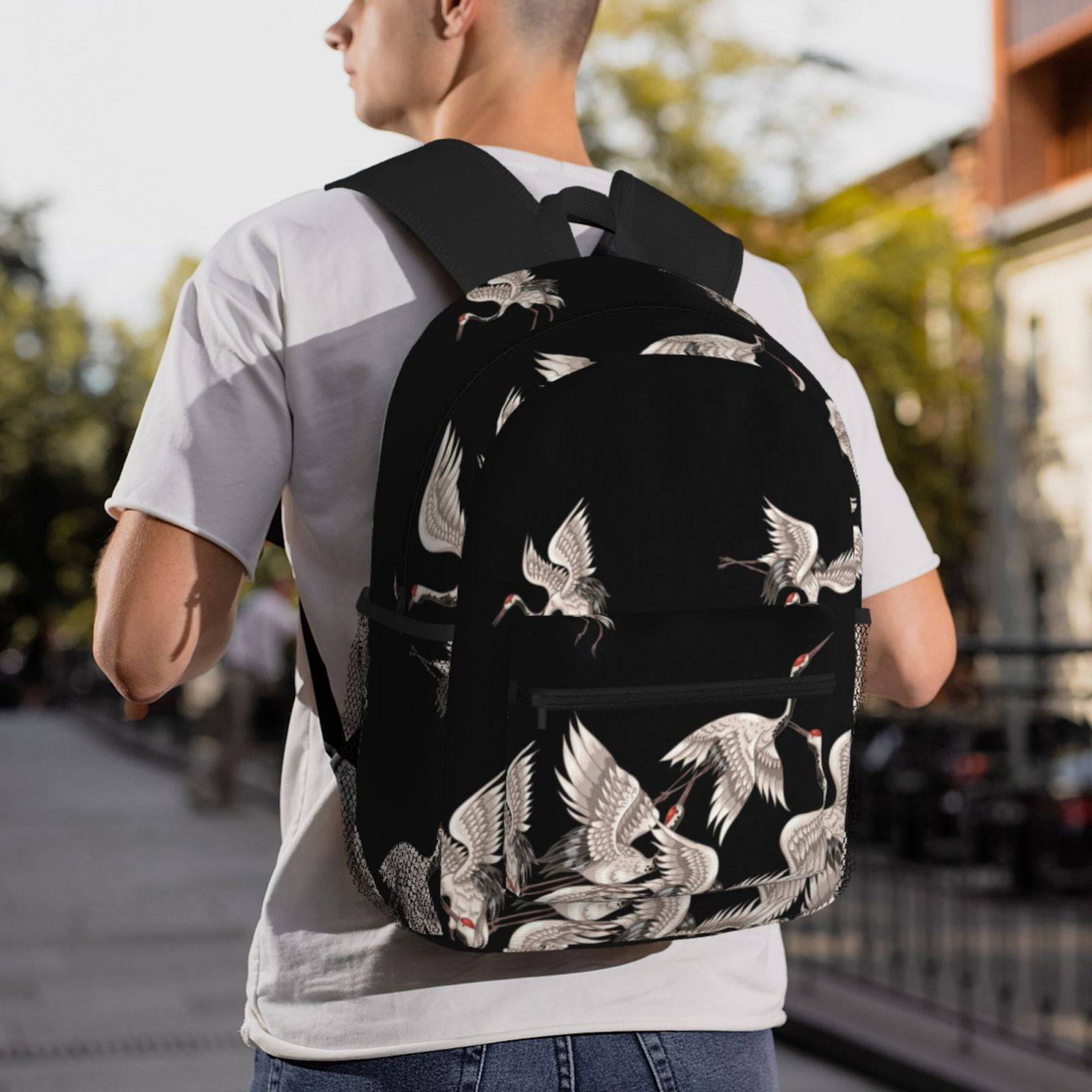 Defioc Japanese White Crane Pattern Laptop Backpack for Men and Women,Casual Backpack Dayback Sports Bookbag for Travel Running Hiking