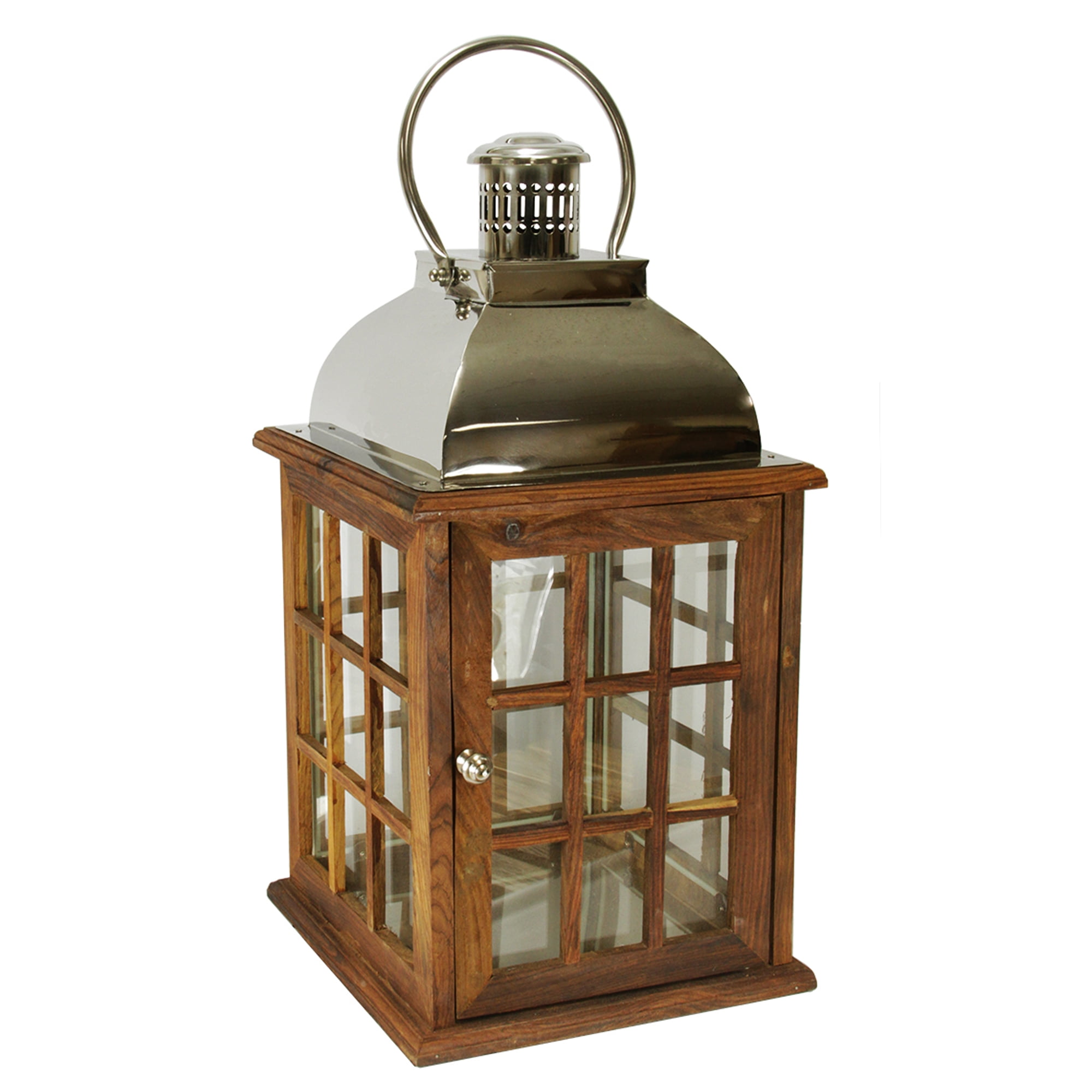 30" Oversized Modern Sheesham Wood Candle Lantern with Silver Metal