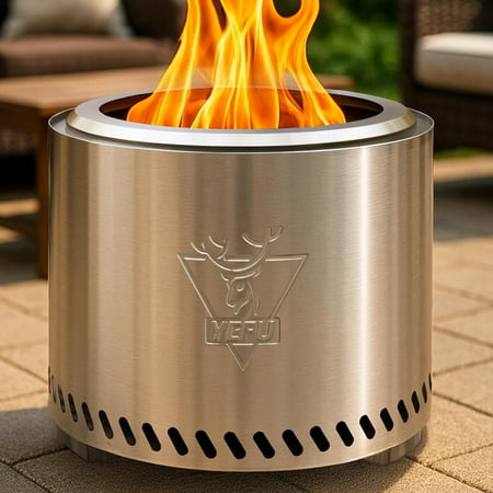 WANBIN 15 Inch Smokeless Fire Pit, 304 Stainless Steel, with Removable Ash Pan, Silver
