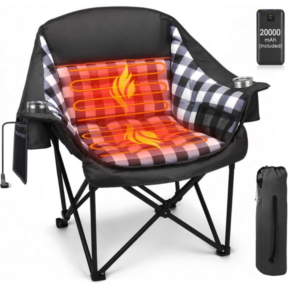 Oswerpon Heated Camping Chair, Oversized Folding Chair with 20000mAh Power Bank, 3 Heat Levels, 500 lb Capacity, Padded Outdoor Chair, Black
