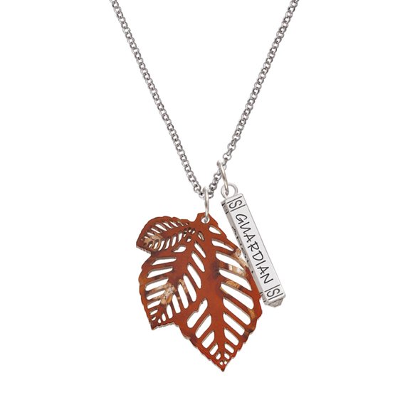 Delight Jewelry Acrylic Medium Triple Leaf Pearly Brown Silvertone Guardian Angel Bar Charm Necklace, 23"