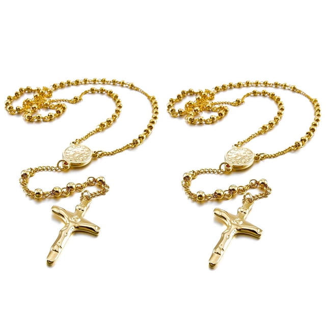 2X Acero Inoxidable Colgante Collar Oro Jesus Cristo Crucifijo Cruzar Rosario Retro 23 Pulgada Cadena Hombre,Mujer