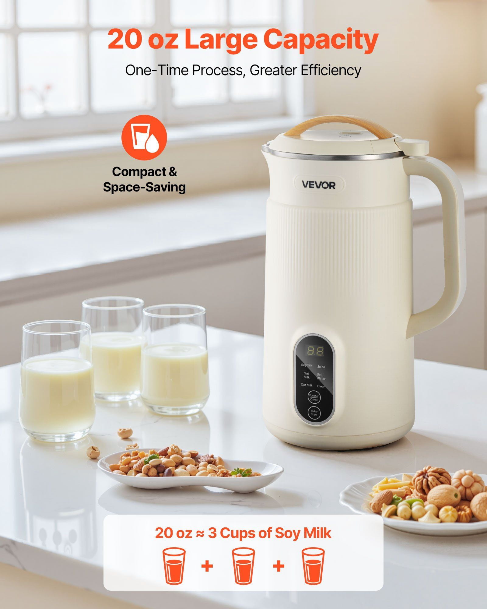 6-in-1 Nut Milk Maker, 20 oz Soy Milk Maker with Self-Cleaning & Delay Timer for Homemade Plant-Based Beverages - 6 Blades, Boil Water Function