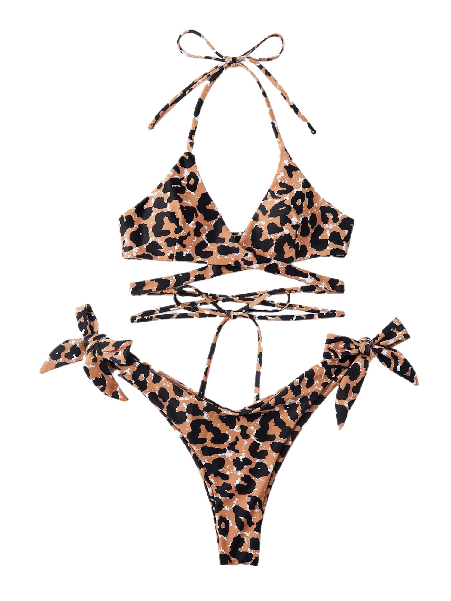 JBEELATE Women Leopard Bikini Set Low Cut Lace Up + Side Tie String