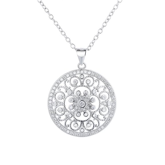 Amy and Annette 14K White Gold Plated Filigree Pendant Necklace with Simulated Diamonds