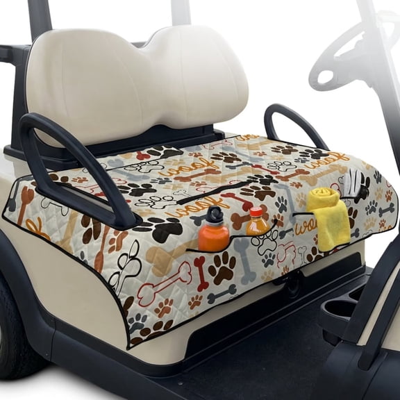 Xixirimido Easy-carry Golf Cart Seat Covers, Portable Golf Cart Seat Towel Blanket Quilted with 4 Pockets Fits for EZGO, Yamaha, Club Car & More 2-Seat Carts, Animal Paws Bones