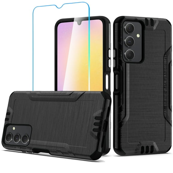 Designed for Samsung Galaxy A25 5G Hybrid Dual Layer Metallic Brush Texture Shockproof Hard PC   TPU Rubber with Screen Protector Phone Case Cover [Black]