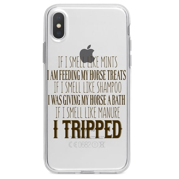 DistinctInk Clear Shockproof Hybrid Case for iPhone XR (6.1" Screen) - TPU Bumper Acrylic Back Tempered Glass Screen Protector - Smell Like Horse Treats, Shampoo, Manure