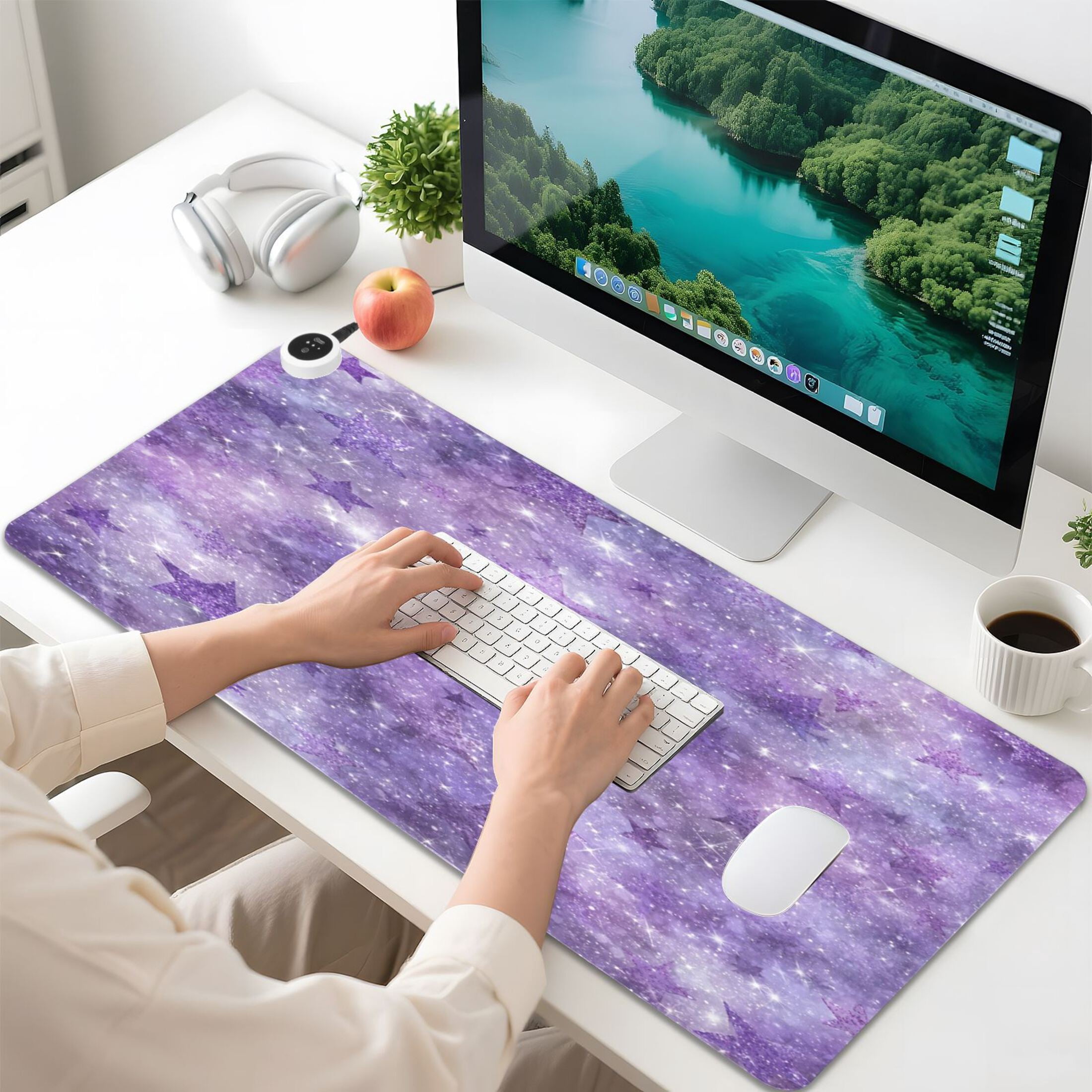 Large Heated Desk Mat Mouse Pad 31.5"x13"PU Leather Graphene Heating Desk Warmer with 3 Temperature Settings 110V US Plug Non-Slip Warm Pad for Home, Office, and Gaming Purple Cosmic Galaxy Pattern