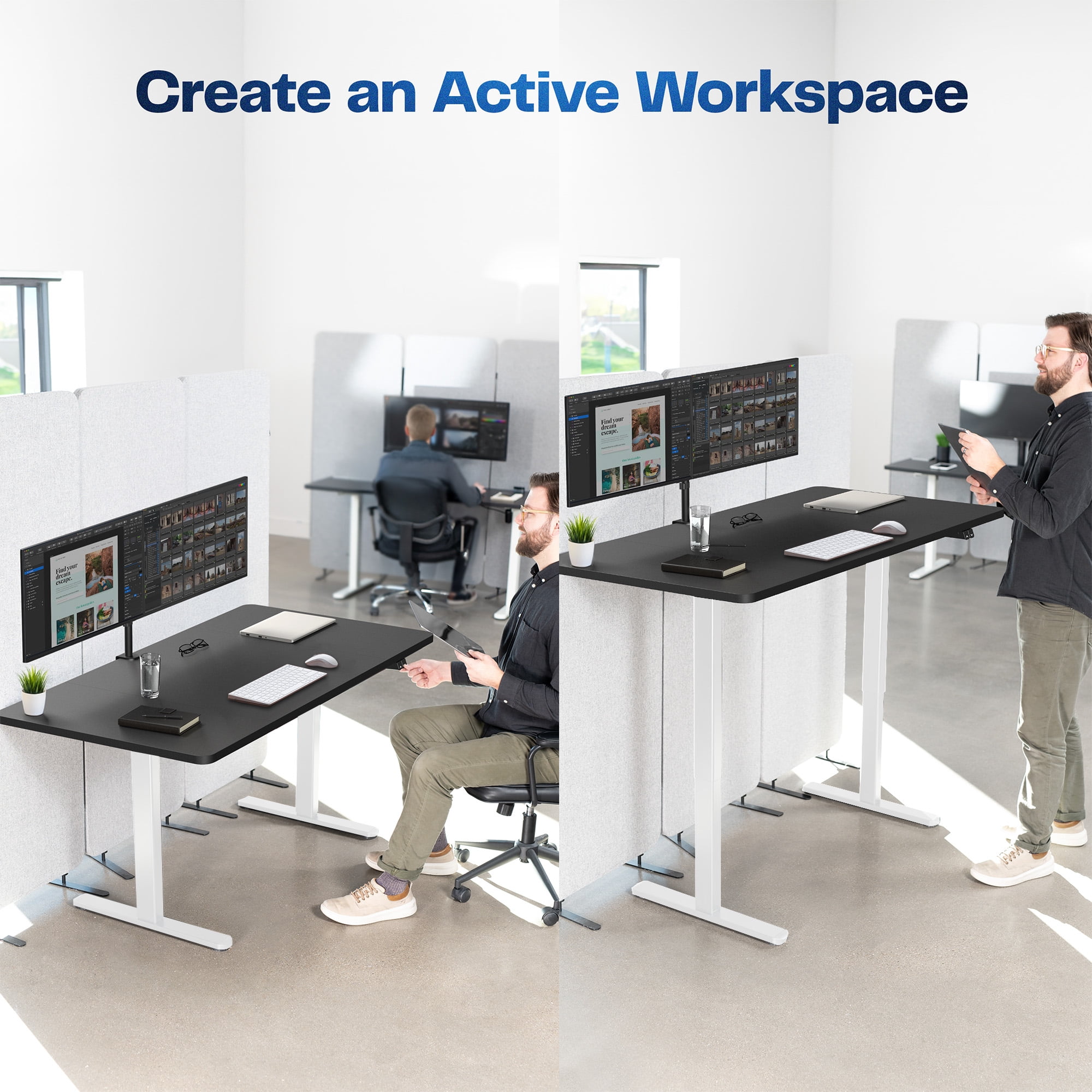 VIVO Electric 60” x 30” Stand Up Desk, Black Table Top, White Frame