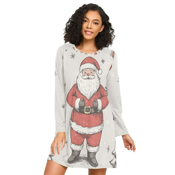FORMRS Womens Long Sleeve Nightgowns Crew Neck Sleep Shirt Soft Pajamas Sizes S-3XL, Beige Christmas Santa